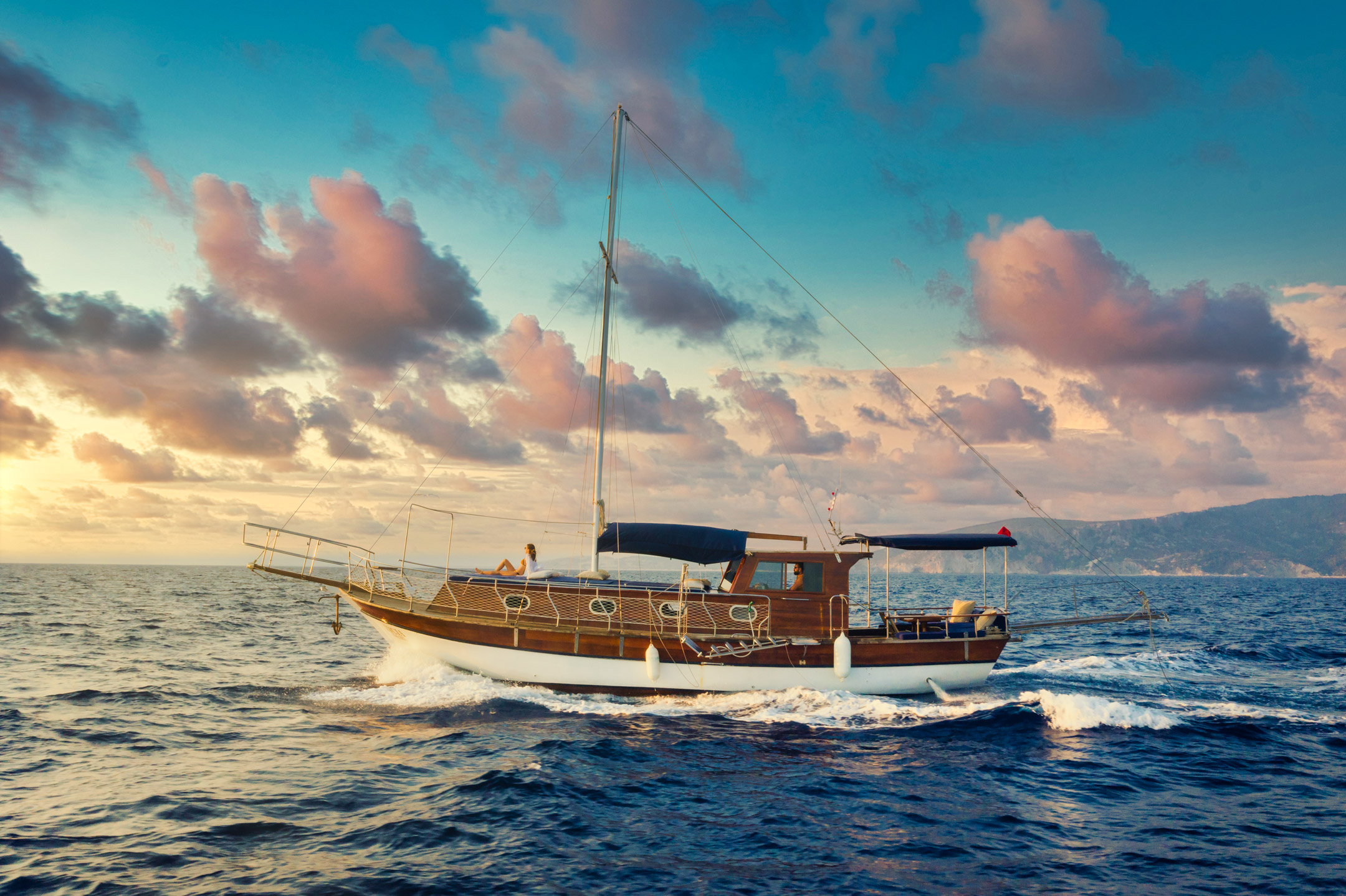 Elegant side profile of Lycia Boat sailing the Turkish Riviera