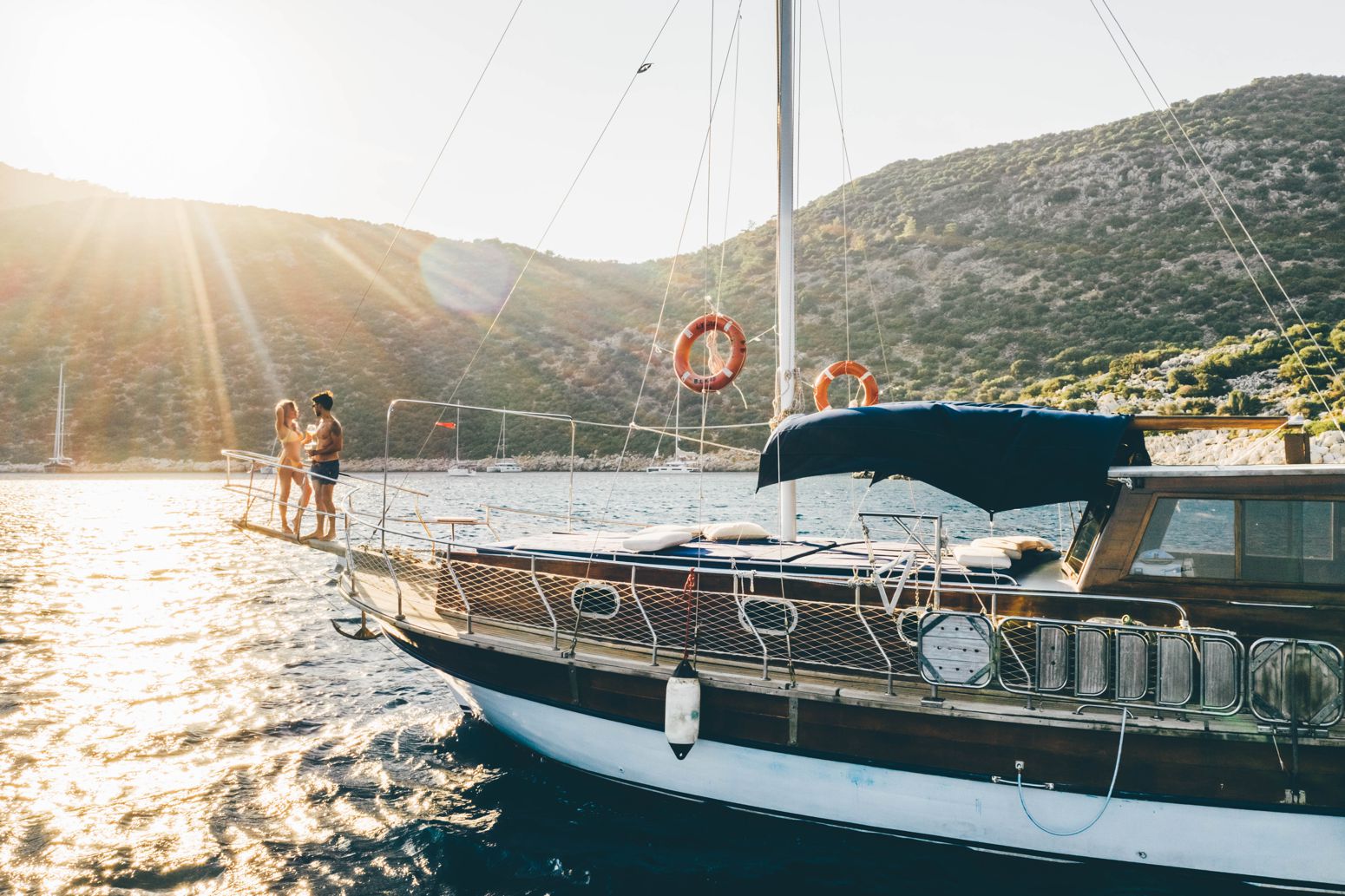 Aerial view of Lycia Boat cruising the crystal clear Mediterranean Sea